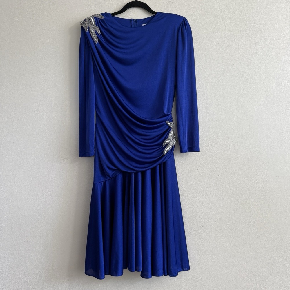 Vintage 80's Women Abby Kent Cocktail Dress Ruched Blue Size 8 Sequins Sequins‎